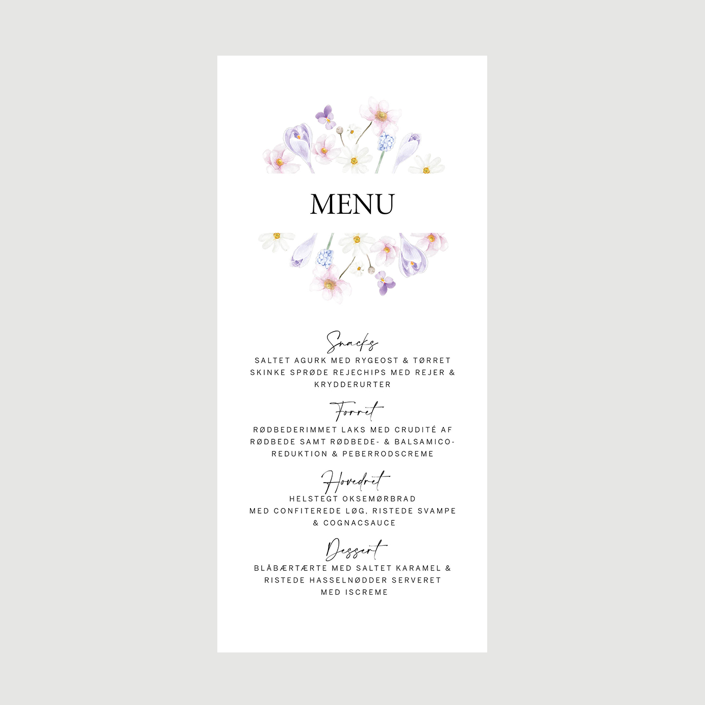 menu med forårsblomster til bryllup, barnedåb eller konfirmation