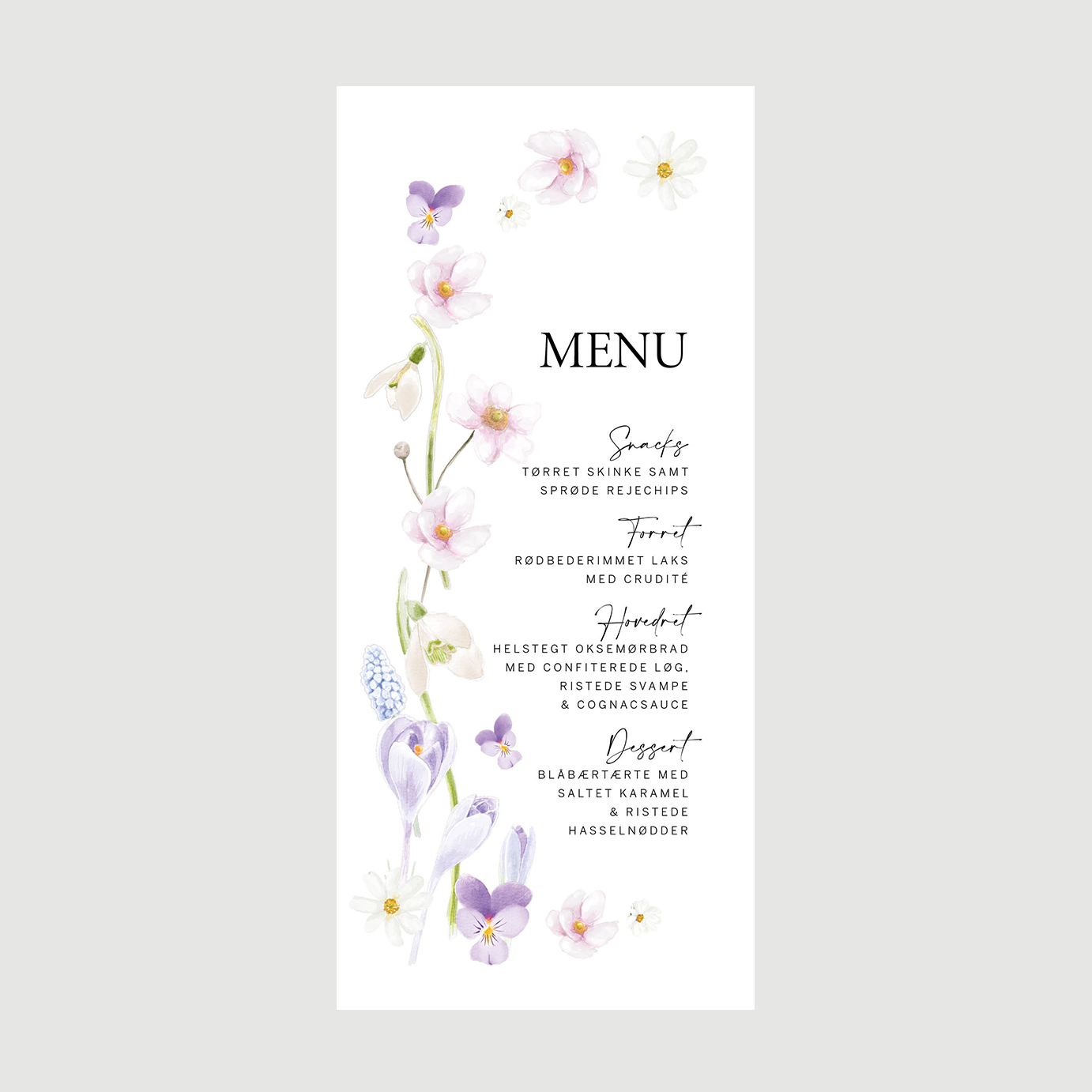 menu med forårsblomster til bryllup, barnedåb eller konfirmation