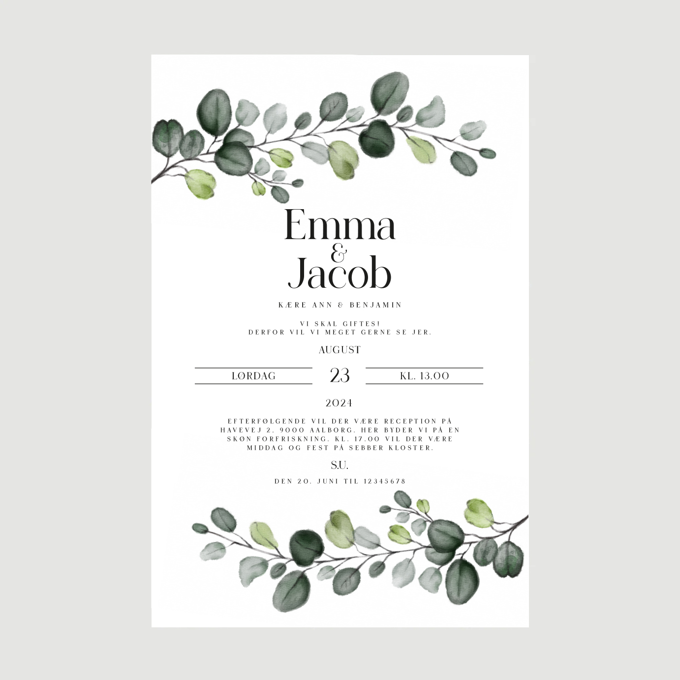 blade og eucalyptus invitation aalborg bryllup