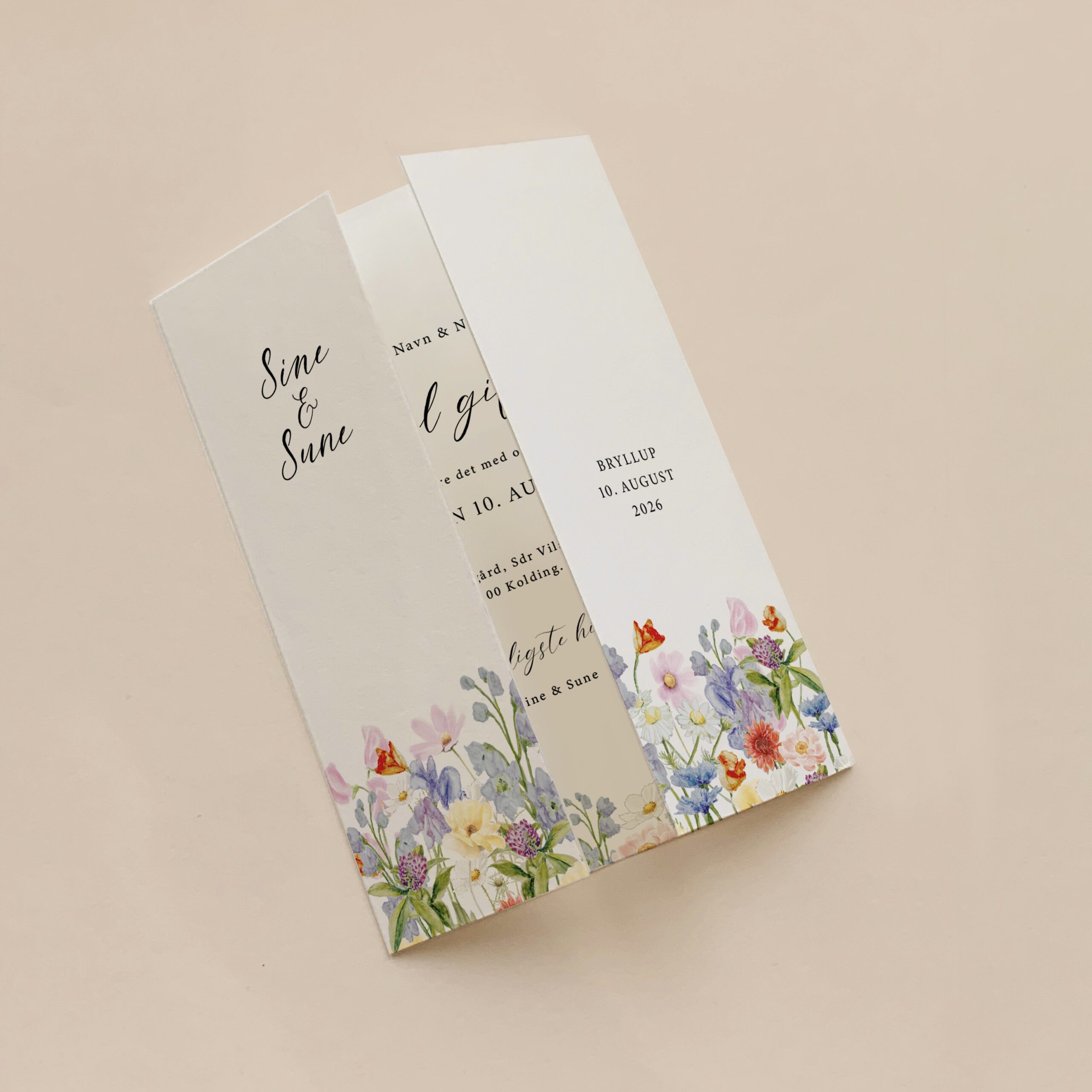 bryllupsinvitation gatefold vilde danske blomster, blomsterflor